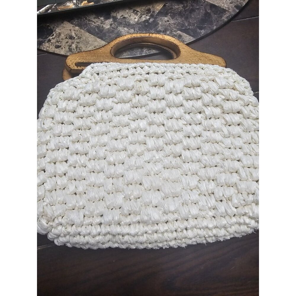ADG Fashion Imports Woven Satchel Bag Cream Raffia Wood Handle Vintage